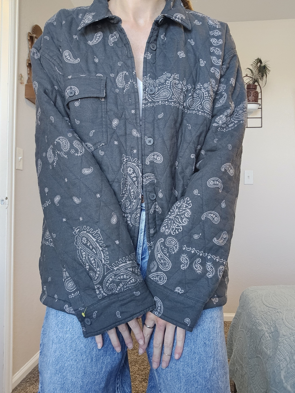 Original Use Quilted Paisley Shirt Jacket in Charcoal